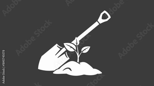 Vector illustration of a potted plant box and hand holding a work tool silhouette icon for business design