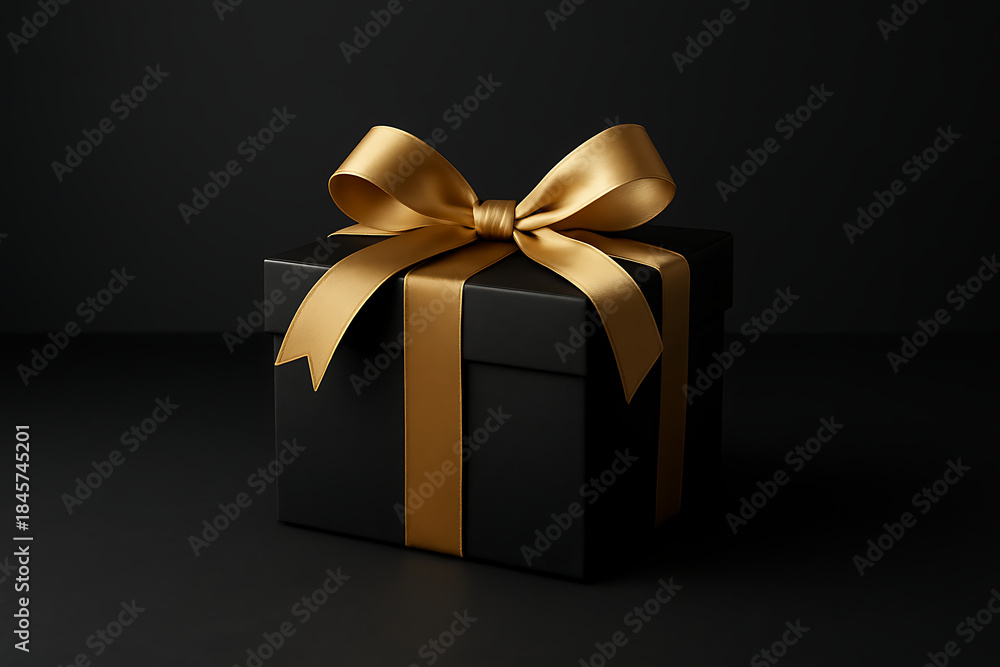 Obraz premium Classic black square gift box featuring a wide, shiny gold ribbon and bow isolated on a deep, dark charcoal background for premium design mockup