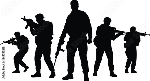 Silhouette of armed soldiers standing in formation with rifles, military team ready for combat, tactical operation, security, defense, war zone.