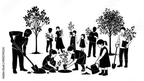 start_thought Black vector silhouettes of a group of people including a businessman, a couple in love, and fashion models walking with shopping bags