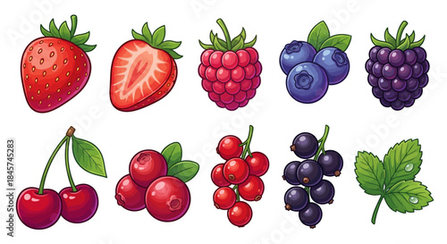 Vibrant hand-drawn fresh berry collection strawberries, blueberries, raspberries, and cherries. A healthy, colorful bounty perfect for diverse food and nutrition concepts