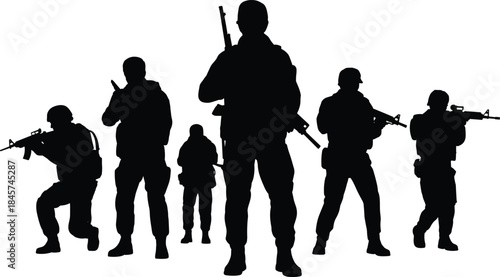 Silhouette of armed soldiers, military team illustration, combat squad, tactical operation, army troops with rifles, warfare defense graphic vector.