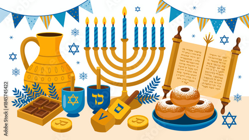 Festive Hanukkah Celebration with Menorah, Dreidel, and Traditional Foods