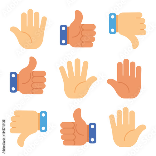 Human hand gesture icon set with like dislike stop approval signs flat vector illustration for web mobile interface projects