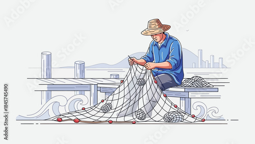 A fisherman diligently mends his fishing net by the water.