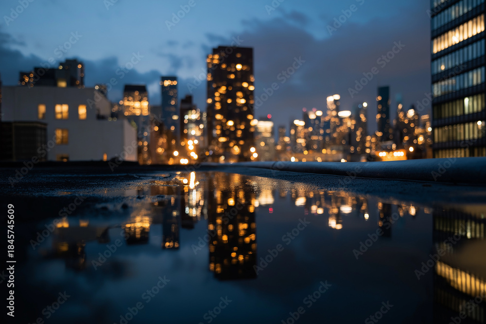 Fototapeta premium A captivating cityscape at twilight, with luminous skyscrapers reflected in rainwater puddles, symbolizing the beauty and charm of urban life amidst weather changes.
