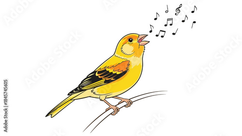 A yellow canary sits on a branch and sings with musical notes.