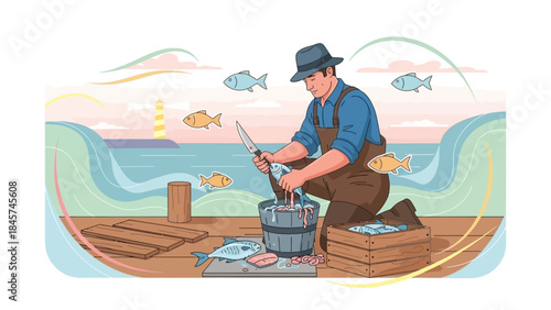 Fisherman prepares fresh catch on a wooden dock by the sea.