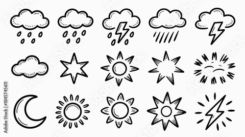 Cute Weather Icons Set with Sun, Moon, Clouds, and Rain