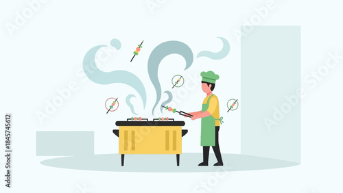 Chef grilling meat skewers on a barbecue in a minimalist style.