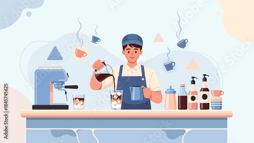 Barista preparing iced coffee with espresso machine and syrups.
