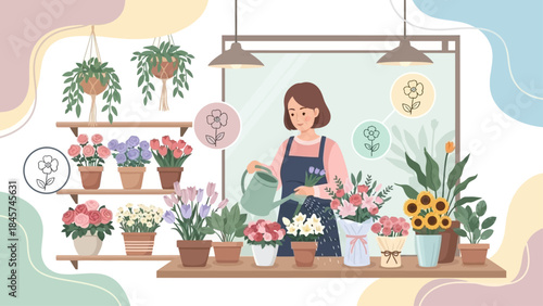 Woman watering plants in a flower shop