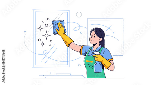 Professional cleaner woman provides excellent window cleaning service