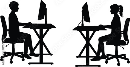 Silhouette of boy and girl using desktop computer, working at desks, modern office chair, youth digital education, studying, screen time, technology usage.