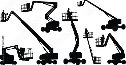 Silhouette of boom lifts with workers on elevated platforms, construction equipment, aerial work platforms, industrial maintenance machinery, isolated vector illustration