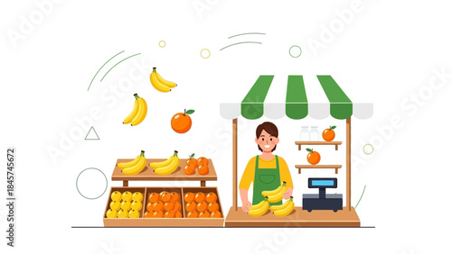 Smiling fruit vendor at a vibrant market stall selling fresh produce.