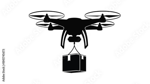 A delivery drone carrying a package presented in a striking silhouette