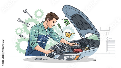 Professional auto mechanic performing car engine inspection and maintenance.