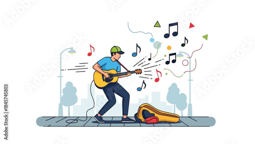 Street Musician Playing Guitar on Sidewalk