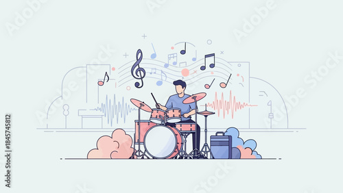 Energetic drummer playing a drum set surrounded by musical notes and sound waves.