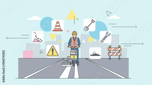 Road Construction and Maintenance Worker with Equipment and Safety Icons Illustration