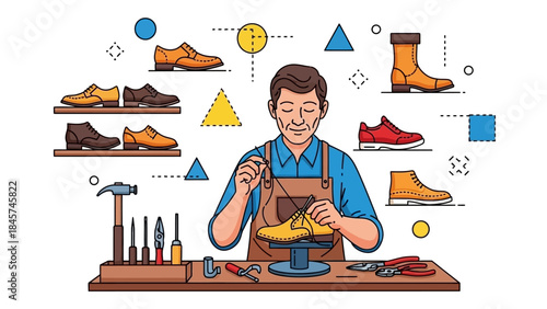 Skilled shoemaker repairing a shoe in his traditional workshop.