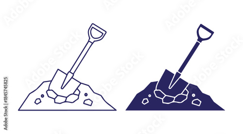 Outline and filled graphic icon of a shovel digging into a pile of earth