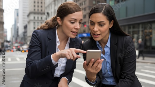 Two professional women in business attire looking at a smartphone on a city street.
