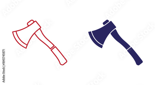 A red outline and solid blue fill illustration of an axe icon on a white background