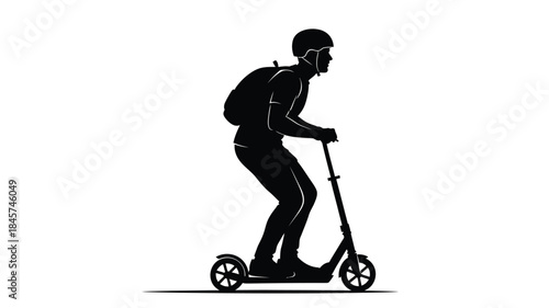 A person riding a scooter with a backpack dark outline silhouette