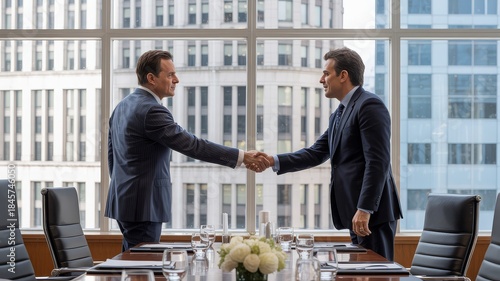 Two businessmen in suits shaking hands across a conference table in a modern office.