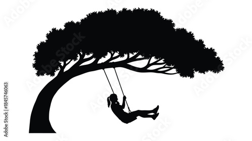 A tree with a swing and a child a dark and striking silhouette
