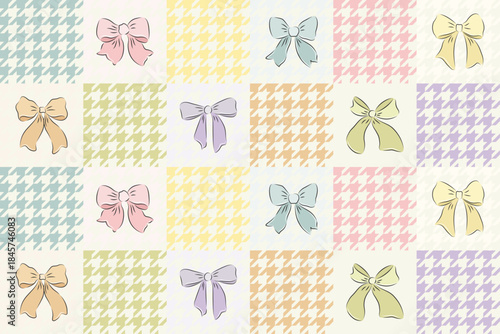 hounds tooth seamless patchwork pattern bow ribbon. Tartan check for tablecloths, napkins, clothes, packaging. Cute childish vector background, pastel palette, girlish