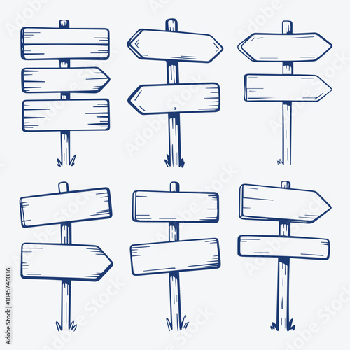 Hand Drawn Doodle Wooden Road Signposts and Direction Arrows Set