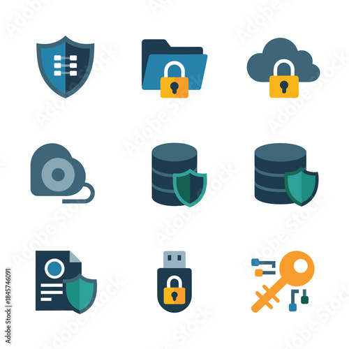 Authentication and identity verification icon collection with fingerprint keypad access control flat vector illustration for secure login systems