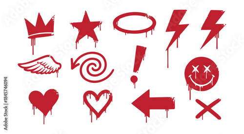 A set of red graffiti-style icons featuring dripping paint effects for urban design