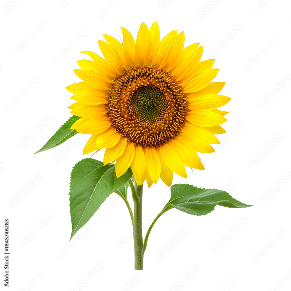 Fototapeta premium Beautiful sunflower with green leaves on white background isolated on transparent background, isolated on white background