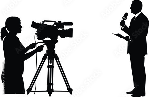 Silhouette of camerawoman filming news reporter, professional media production scene, journalism and broadcasting concept