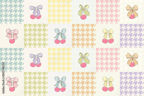 hounds tooth seamless patchwork pattern bow and cherry berries. Tartan check for tablecloths, napkins, clothes, packaging. Cute childish vector background, pastel palette, girlish