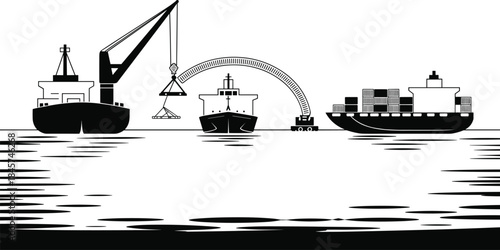 Silhouette of cargo ships, shipping containers, port crane loading, maritime transport, container ships, logistics, industrial shipping, harbor, freight transport