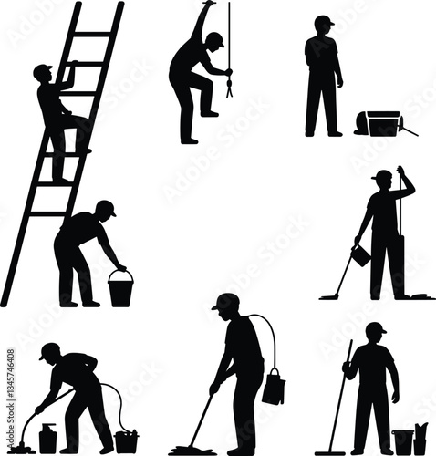 Silhouette of cleaning workers, janitors, ladder climbing, window washing, floor mopping, professional cleaners, maintenance staff