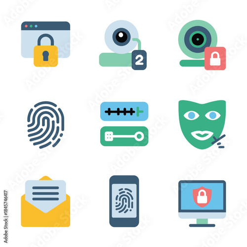 Biometric login and privacy protection icon set with fingerprint face recognition device lock flat vector illustration for secure authentication