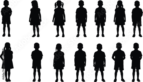 Silhouette of children standing, boys and girls vector set, isolated kids shapes collection, black shadow figures, school student clipart.
