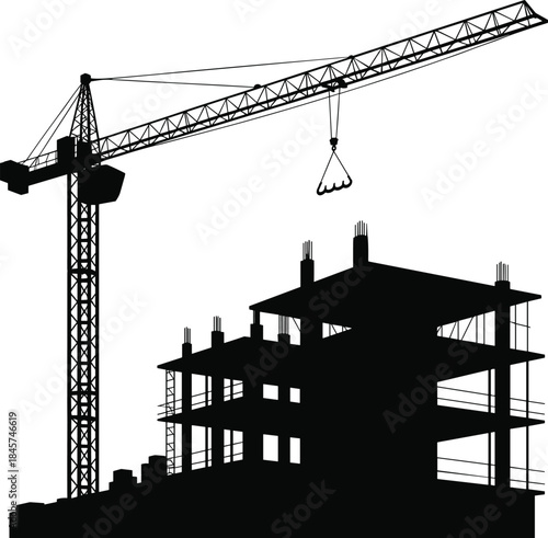 Silhouette of construction site with tower crane, building framework, industrial structure, construction equipment, heavy machinery, scaffoldings, construction project, urban development, architecture