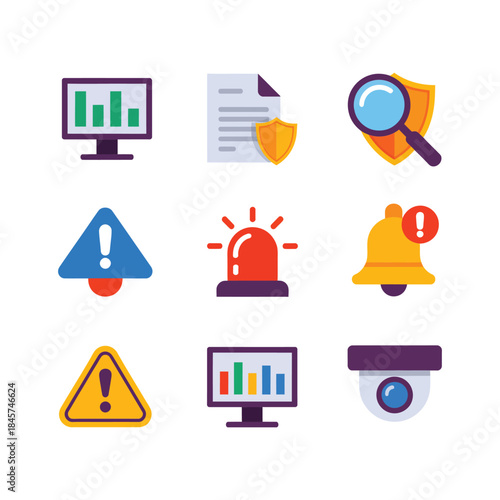 System alert and analytics warning icon set with dashboard notification siren chart monitor flat vector illustration,