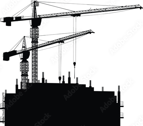 Silhouette of construction building, tower cranes, industrial equipment, construction site, architecture development, heavy machinery, building structure, urban infrastructure project