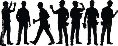 Silhouette of construction workers on break, drinking coffee, talking, standing, walking, teamwork, helmet safety, labor workforce, industrial site scene.