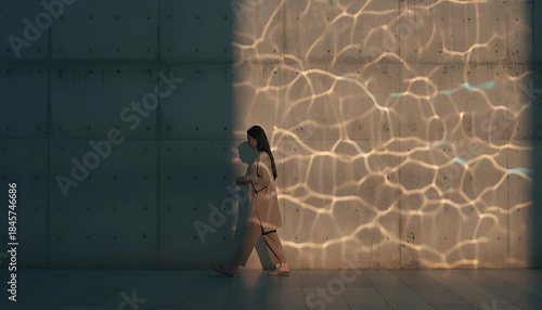 Woman walking in sunlight with water reflections on concrete wall