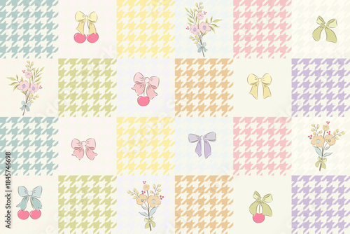 hounds tooth seamless patchwork pattern bow and cherry berries. Tartan check for tablecloths, napkins, clothes, packaging. Cute childish vector background, pastel palette, girlish
