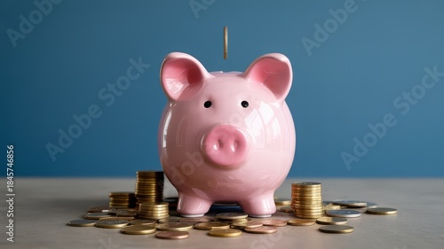 A pink piggy bank sits on a table surrounded by scattered coins, with a coin falling into its slot.